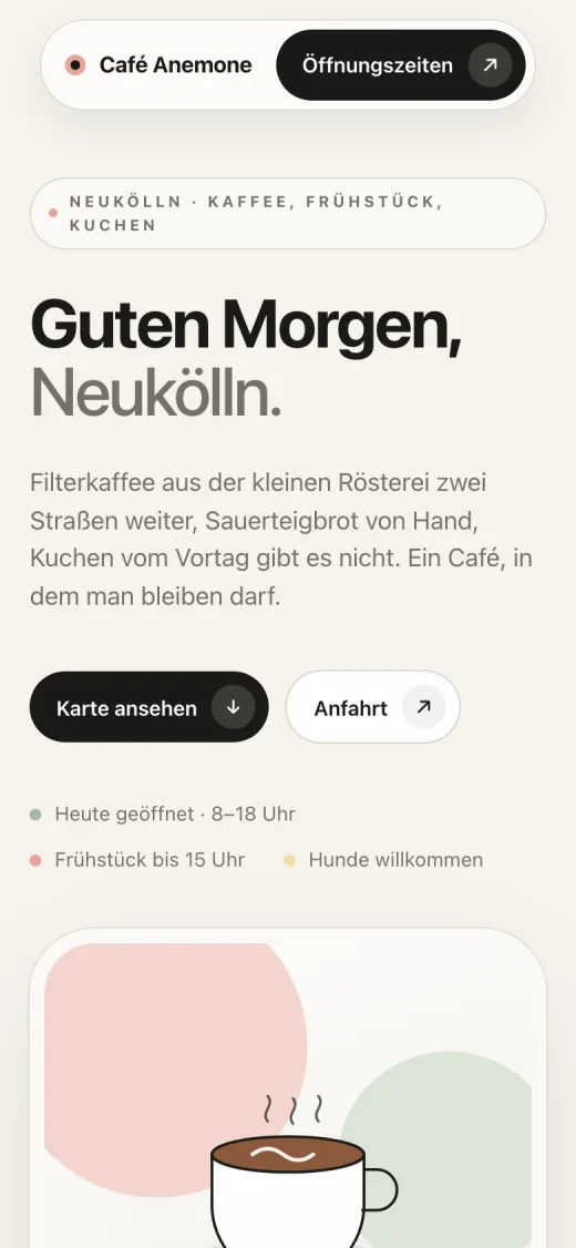Beispiel-Speisekarte eines Cafés auf dem Handy: helle, freundliche Gestaltung mit Pastellfarben und Frühstückskarte