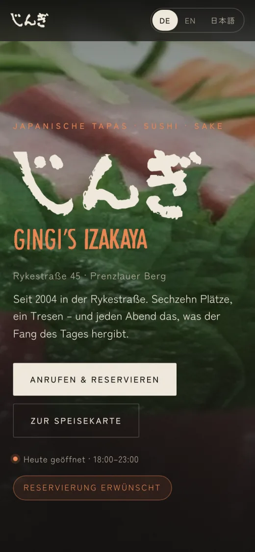 Speisekarte von Gingi's Izakaya auf dem Handy: dunkle Gestaltung, japanische Kalligrafie, Sprachumschalter Deutsch, Englisch, Japanisch