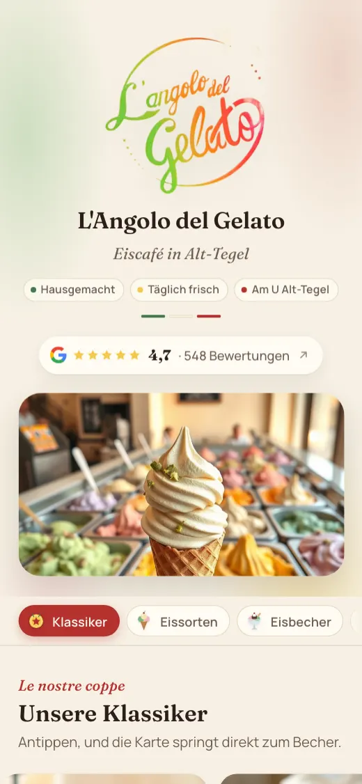 Digitale Speisekarte von L'Angolo del Gelato auf dem Handy: helles Cremeweiß, Logo des Eiscafés, Google-Bewertung 4,7 Sterne und Kategorien mit Illustrationen